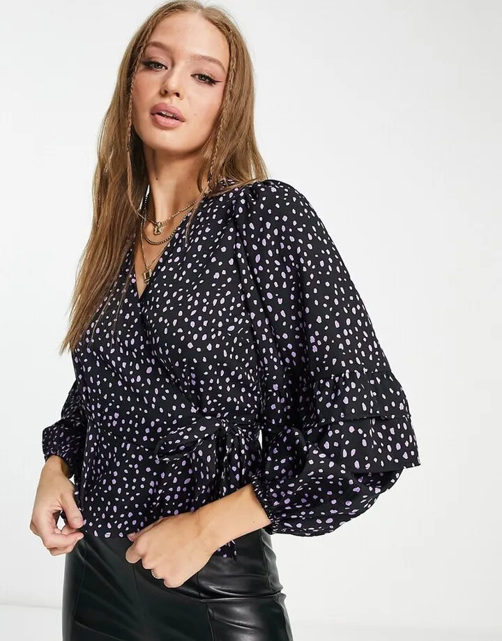 New Look floral wrap long sleeve blouse in black