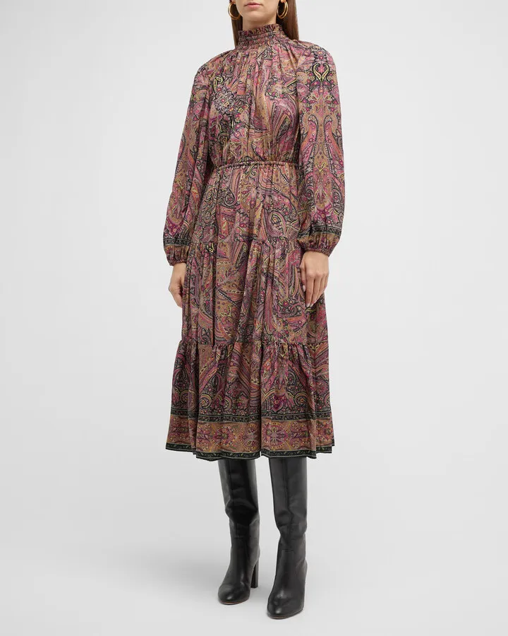 Lena Tiered Paisley-Print Midi Dress
