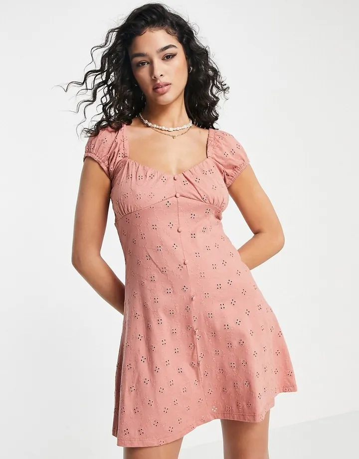 ASOS DESIGN broderie bust detail mini tea dress with buttons in rose