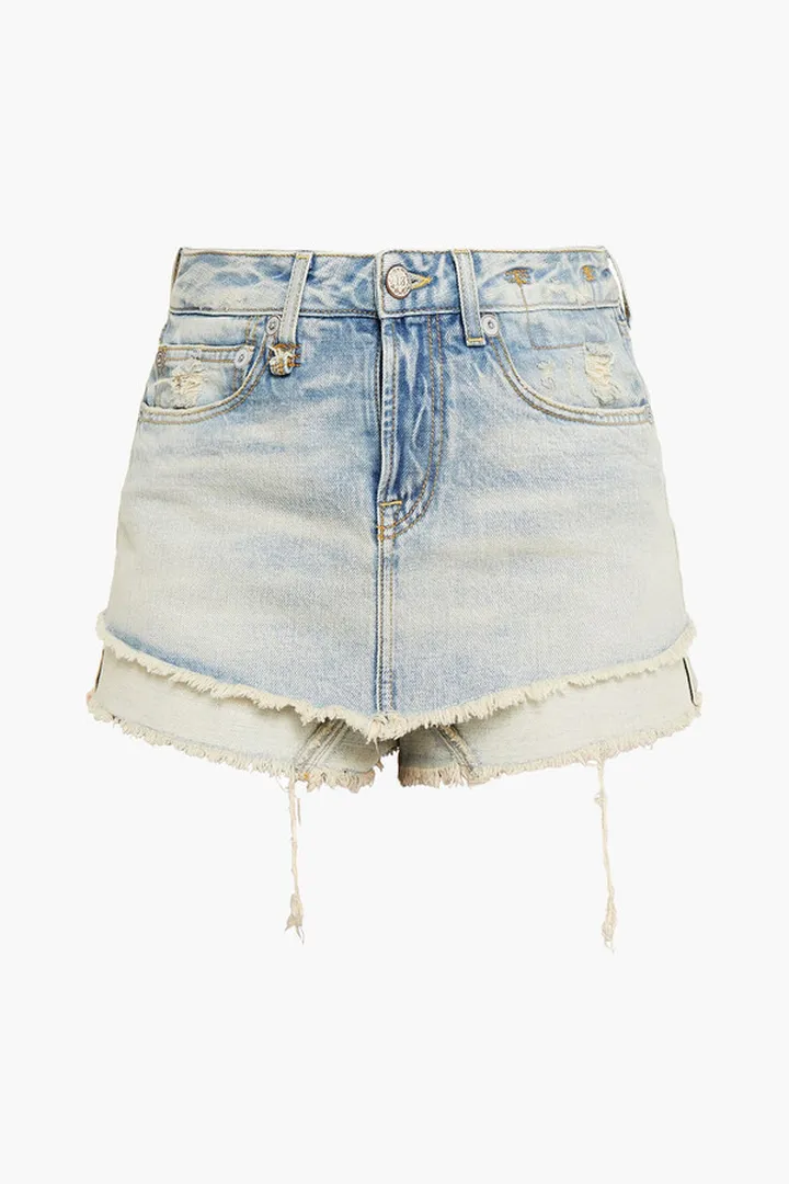 Layered distressed denim shorts