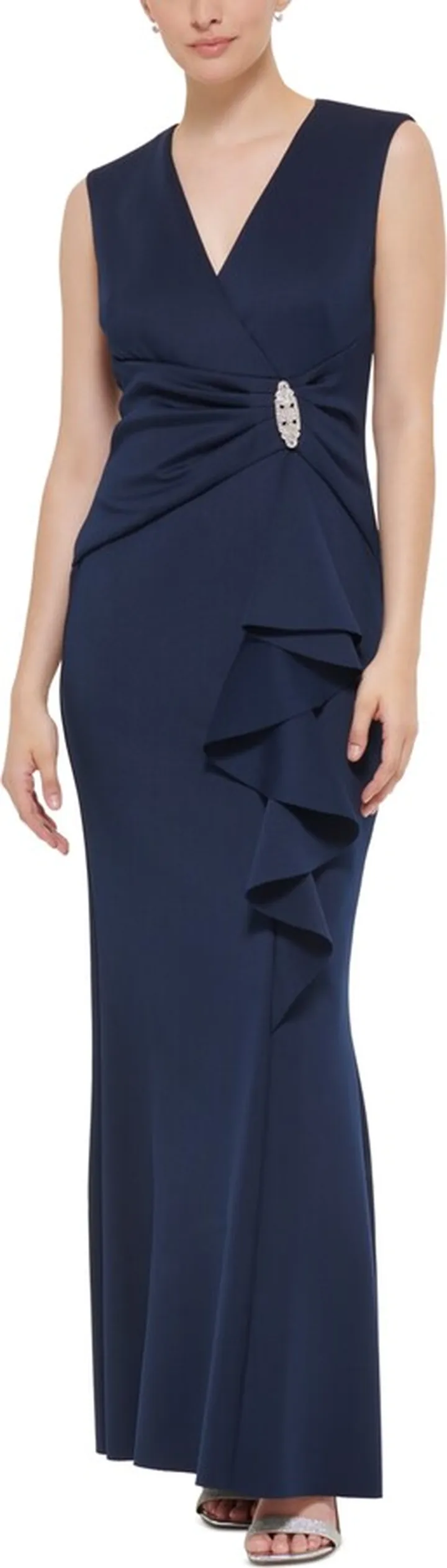 Jessica Howard Women's Embellished Ruffled Sleeveless Column Gown