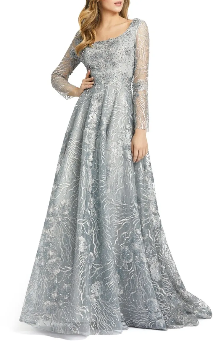 Metallic Illusion Long Sleeve A-Line Gown