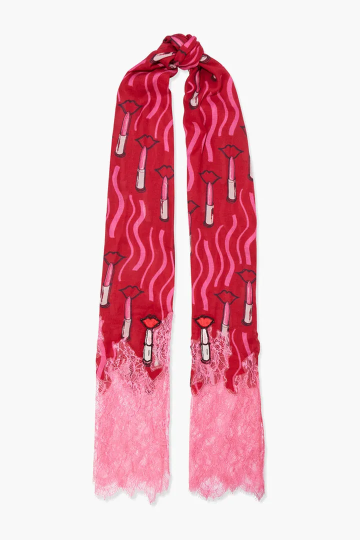 Lace-paneled appliquéd printed modal and cashmere-blend scarf