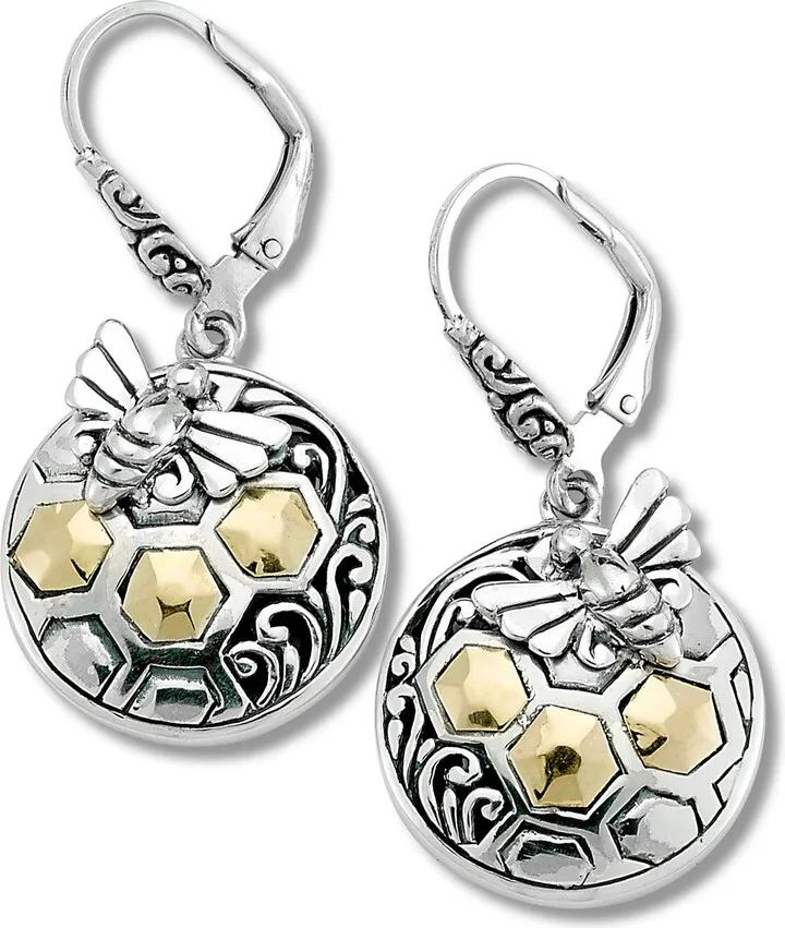 18K Gold & Sterling Silver Honeycomb Bee Earrings