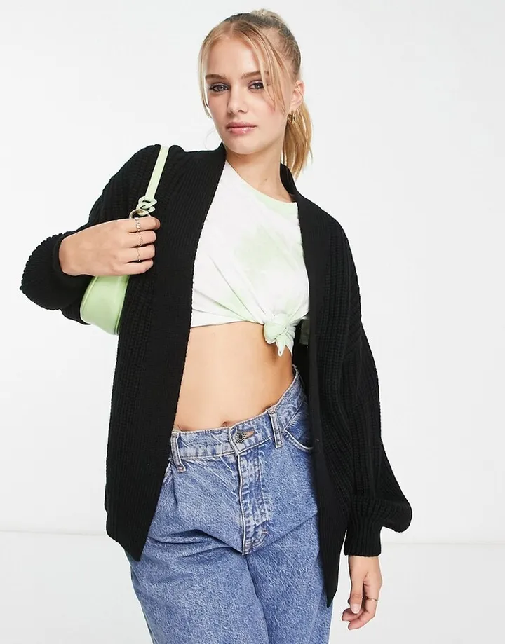 New Look balloon sleeve knit cardigan in black
