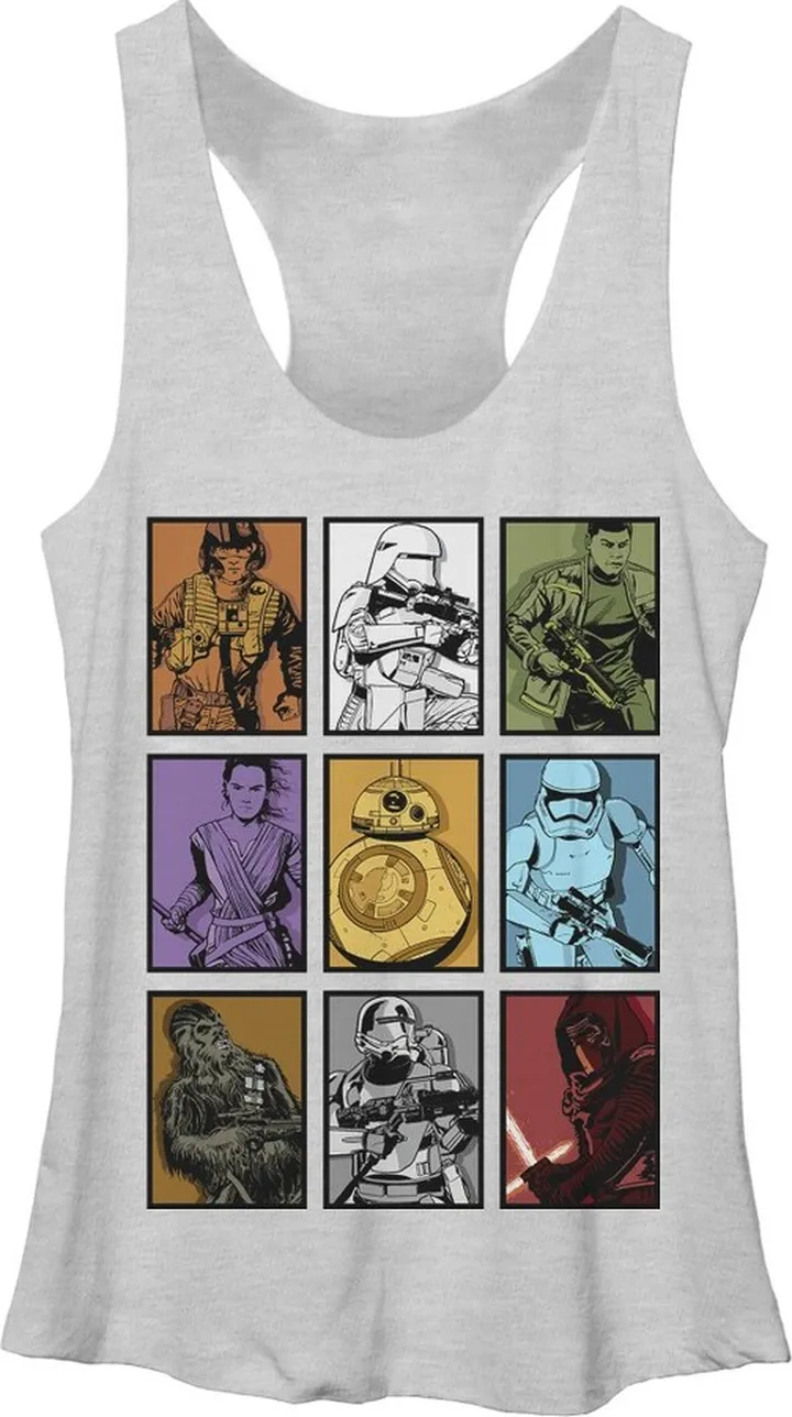 Women's Star Wars The Force Awakens Rey and BB-8 Character Boxes Racerback Tank Top - White Heather - Medium