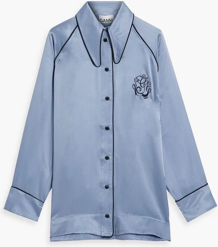 Embroidered modal and silk-blend satin pajama top