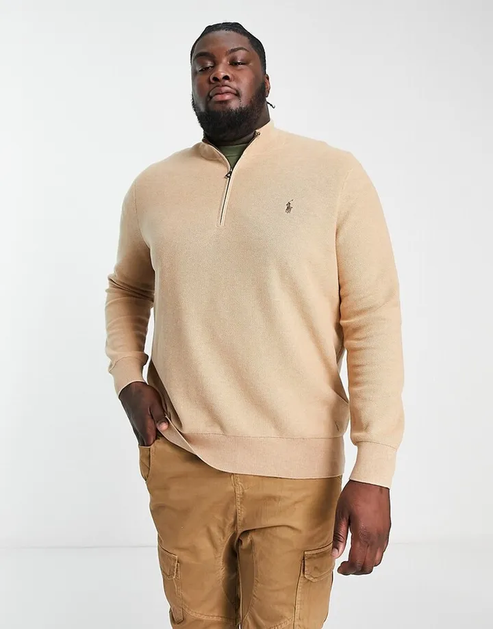 Polo Ralph Lauren Big & Tall icon logo heavyweight cotton knit half zip sweater in camel heather
