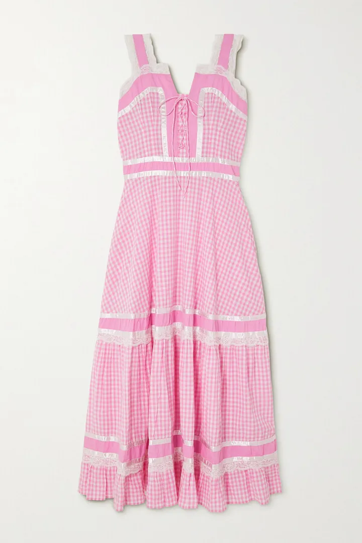Batsheva - Meadow Tiered Satin And Lace-trimmed Gingham Cotton-poplin Maxi Dress - Pink