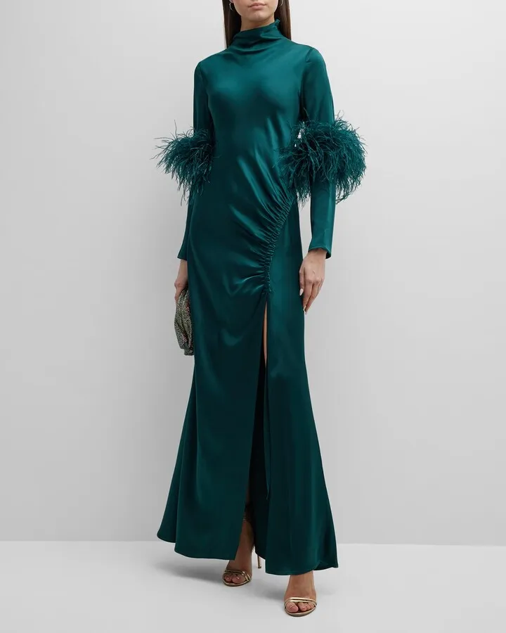 Feather-Trim Long-Sleeve Satin Bias Maxi Dress