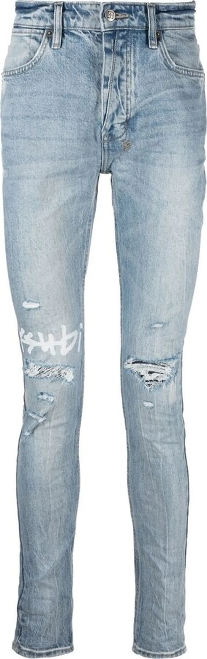 Logo-Print Distressed Skinny-Cut Jeans