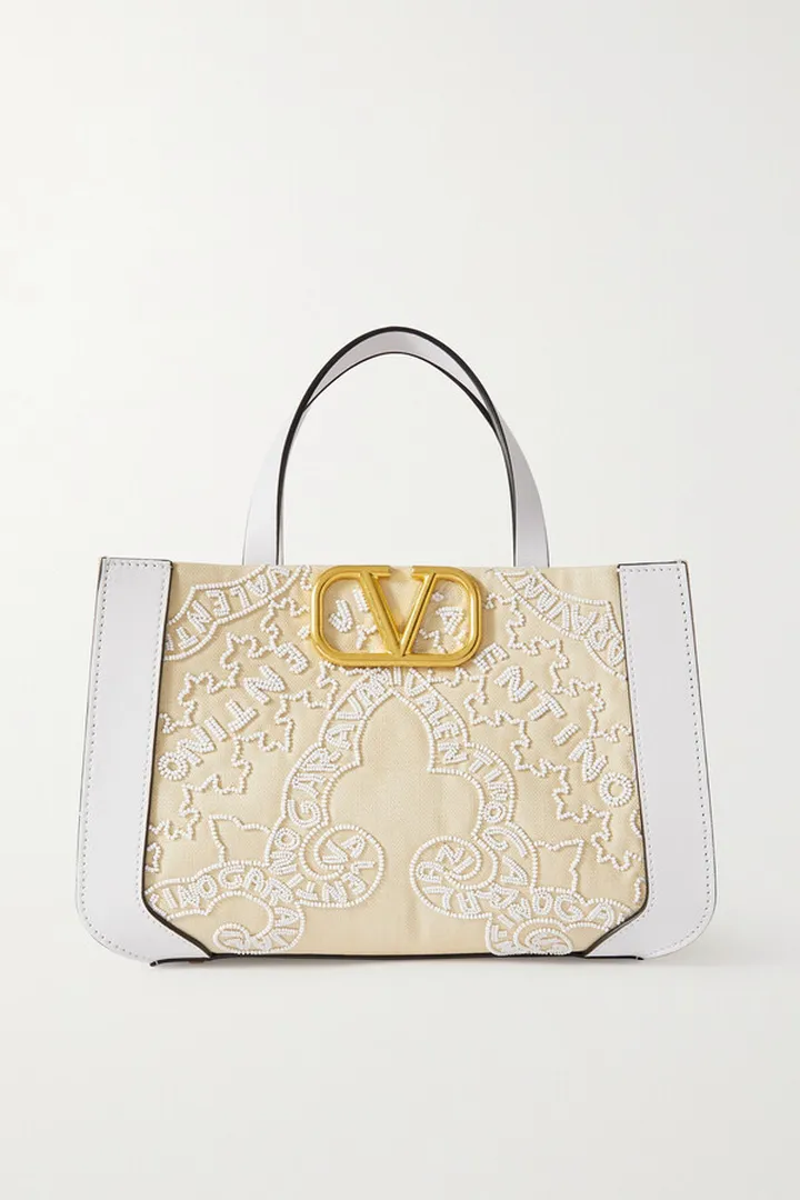 Valentino Garavani - Valentino Garavani Vlogo Leather-trimmed Bead-embellished Canvas Tote - White