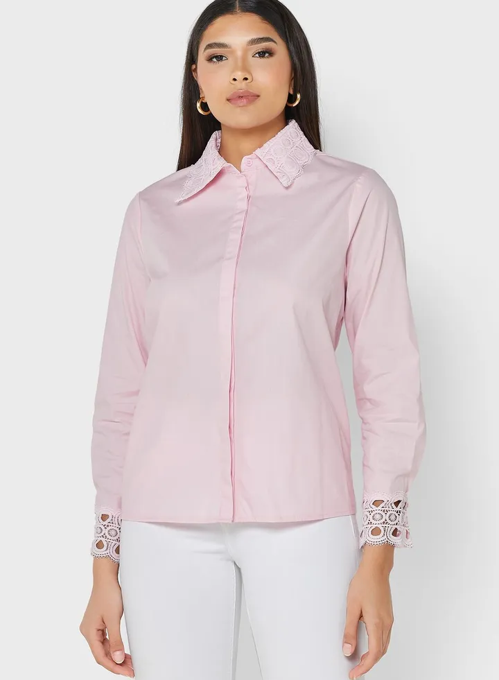 Crochet Lace Hem & Collar Detail Shirt
