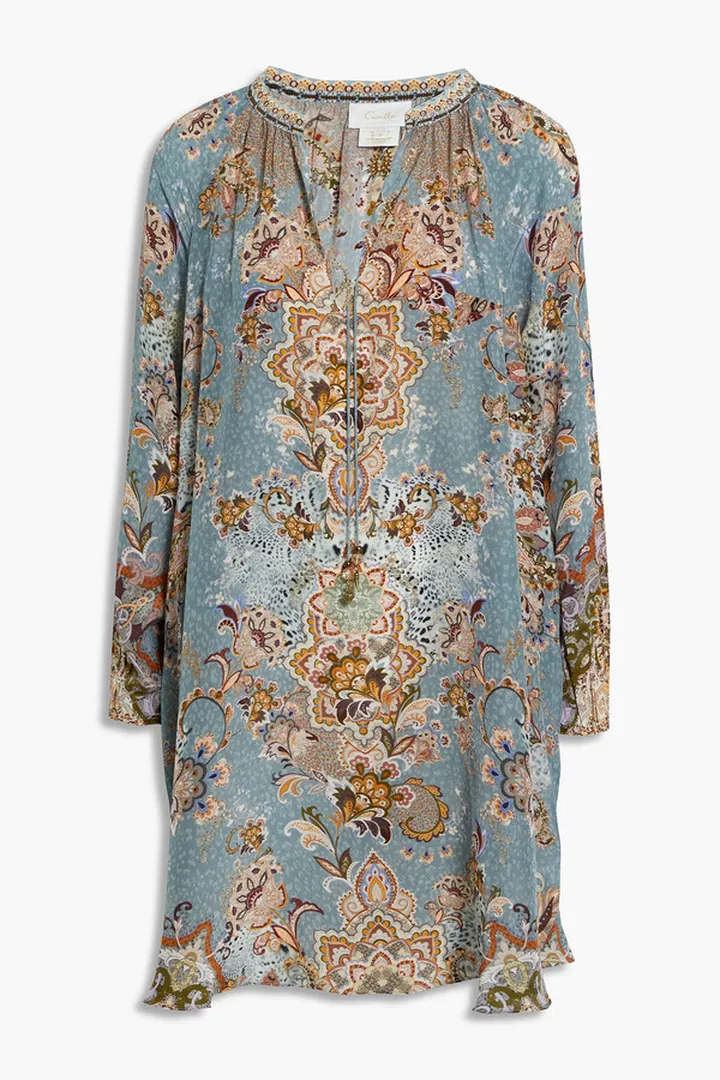 Crystal-embellished printed silk crepe de chine mini dress