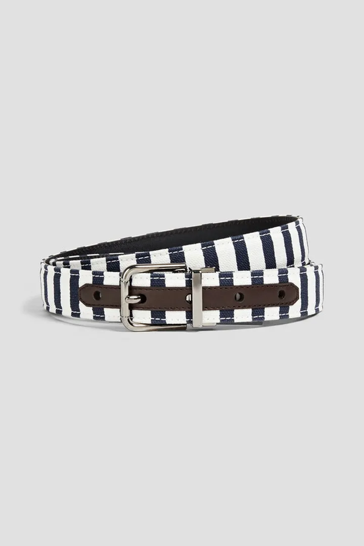 Leather-trimmed striped canvas belt