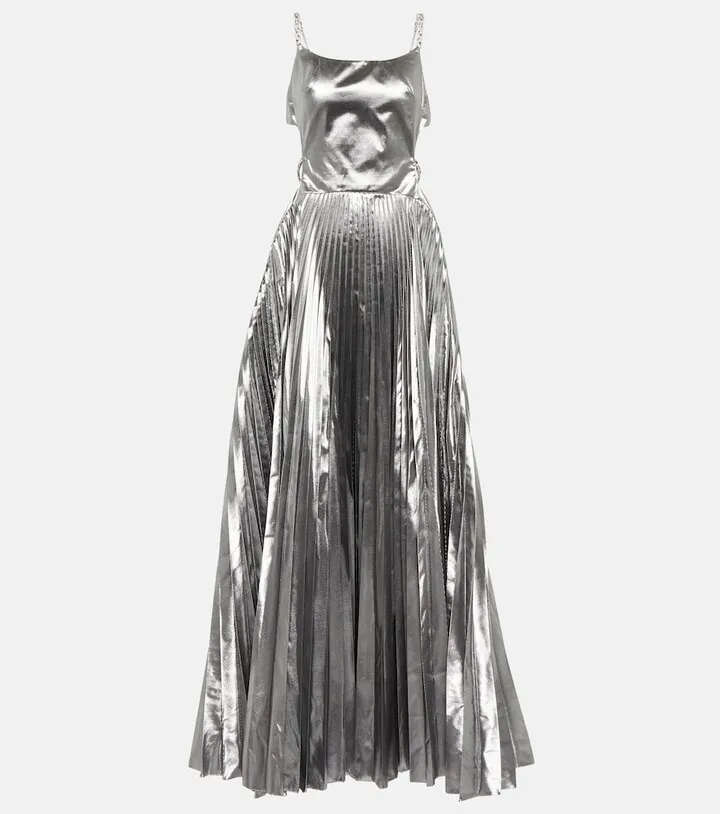 Cutout pleated lame gown