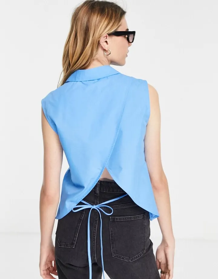 Topshop sleeveless open back shirt in blue