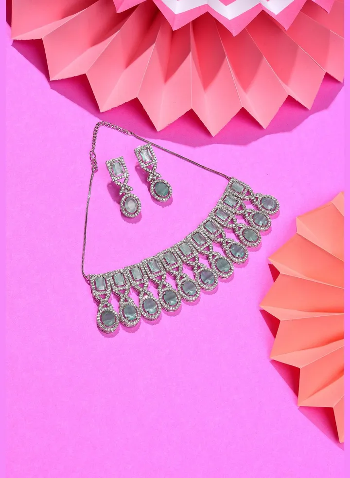 Silver Plated Designer Stone Necklace and Earring Set