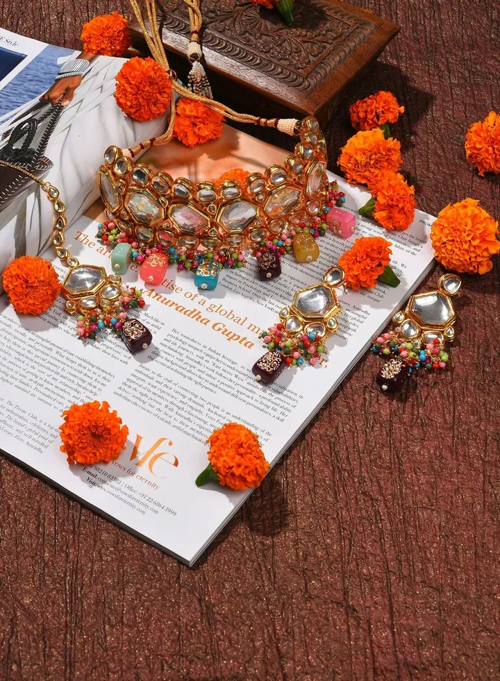 Gold Plated Kundan Beaded Necklace, Earrings and Maang Tikka Set