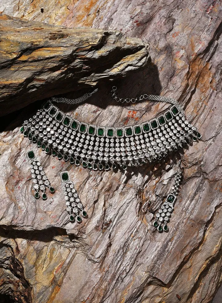 Silver Plated Designer Stone Necklace, Earrings and Maang Tikka Set