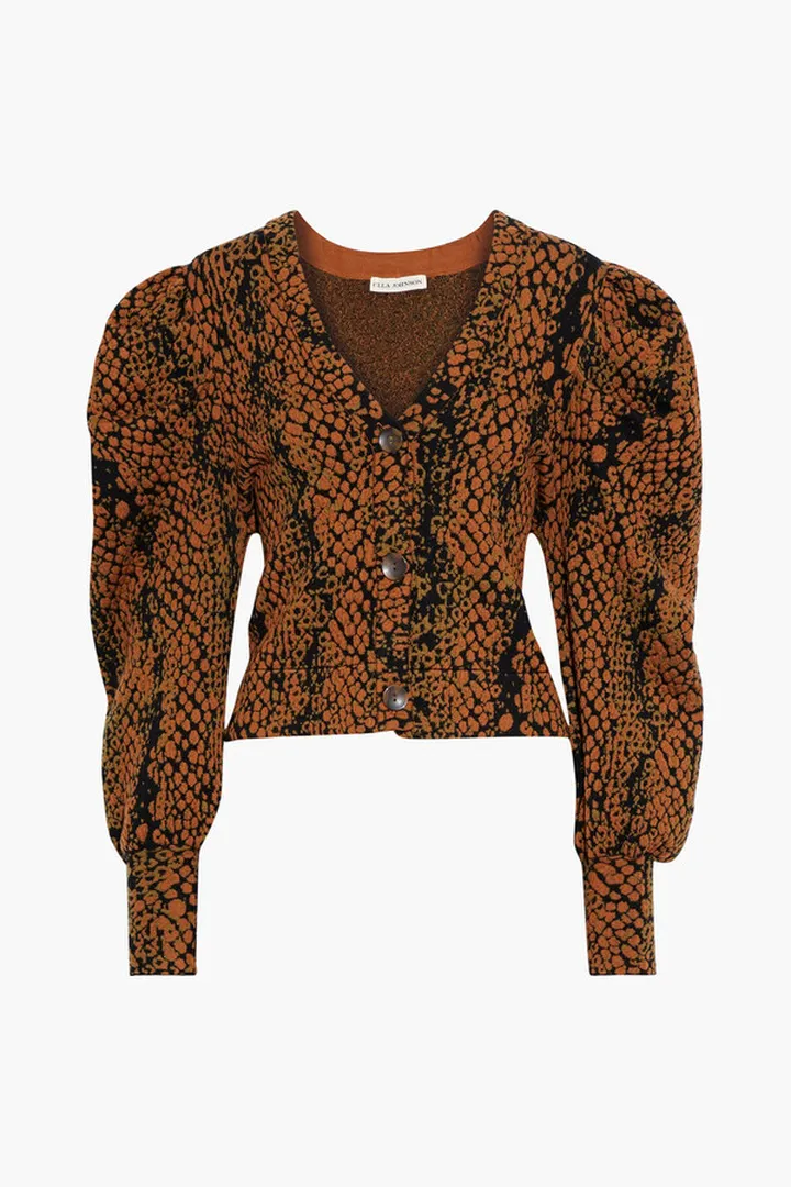 Elise cropped gathered jacquard-knit wool cardigan
