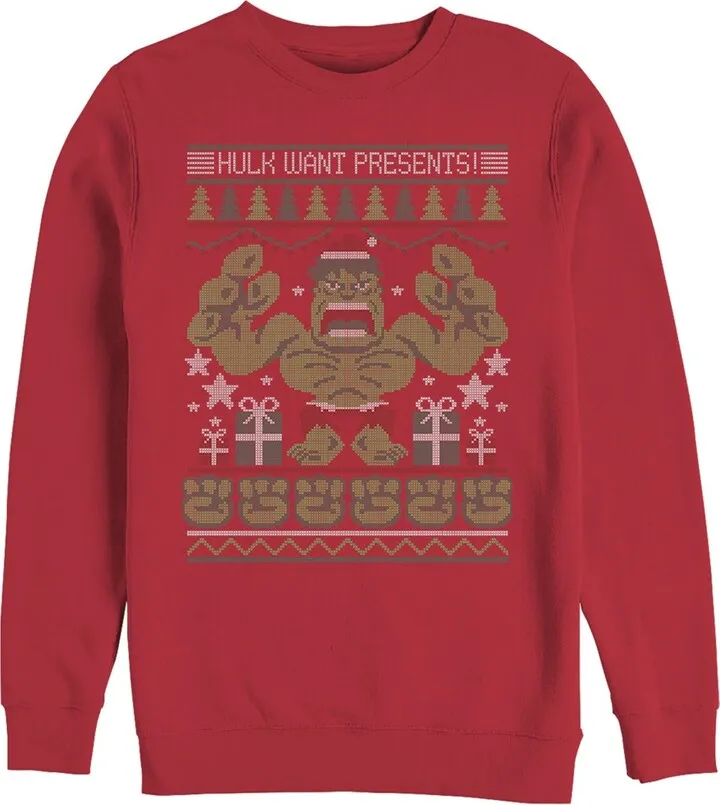 Men's Marvel Ugly Christmas Hulk Want Presents Sweatshirt - Red - Medium