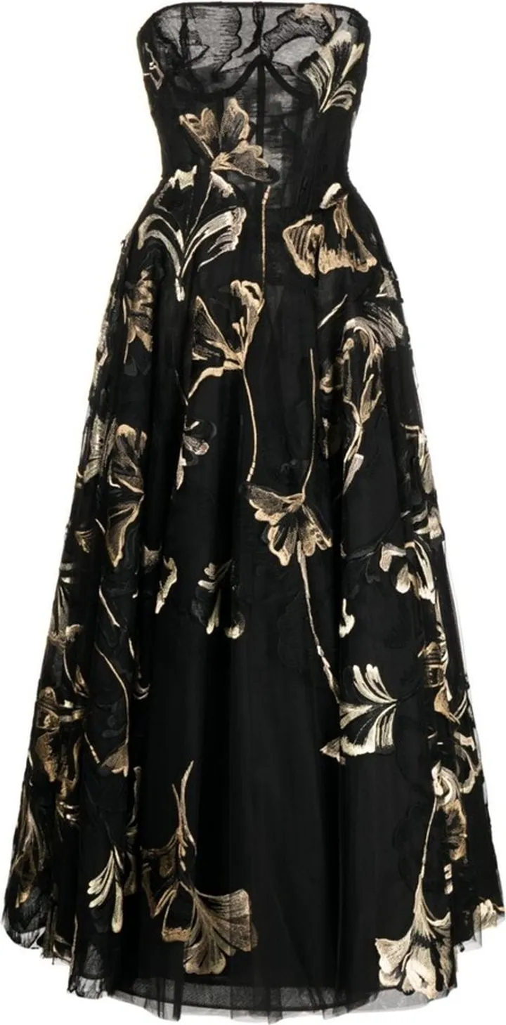 Floral-Embroidered Strapless Midi Dress