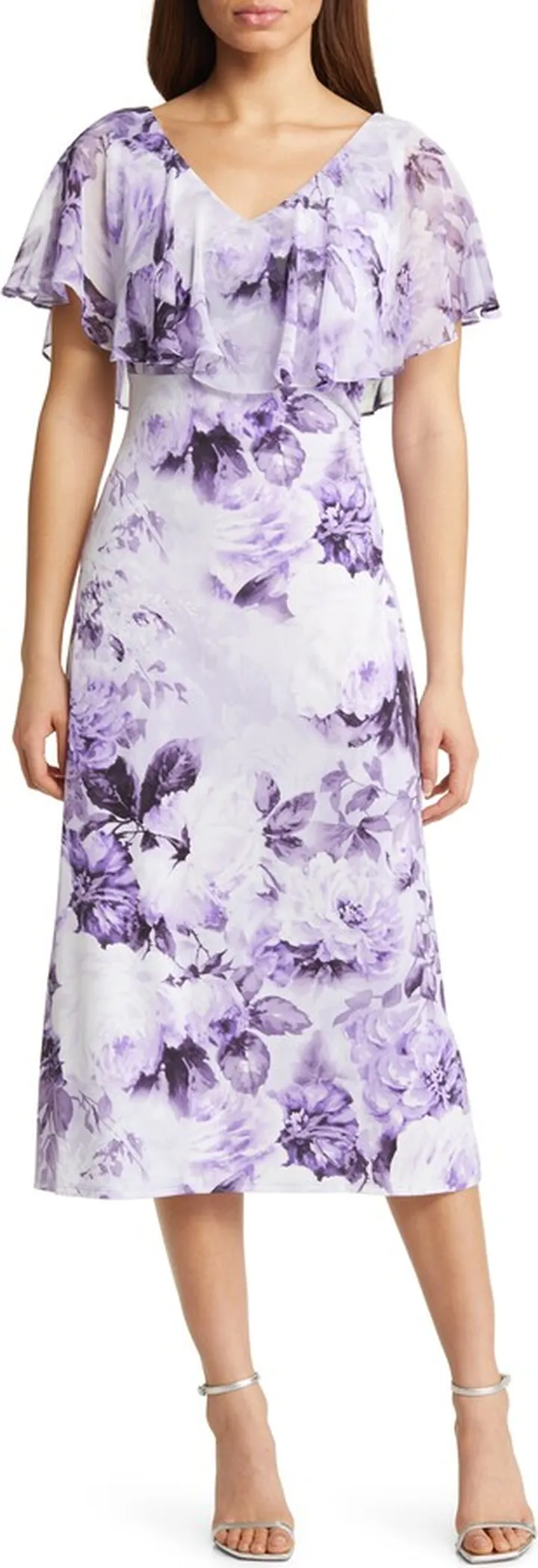 Floral Ruffle Cape Midi Dress