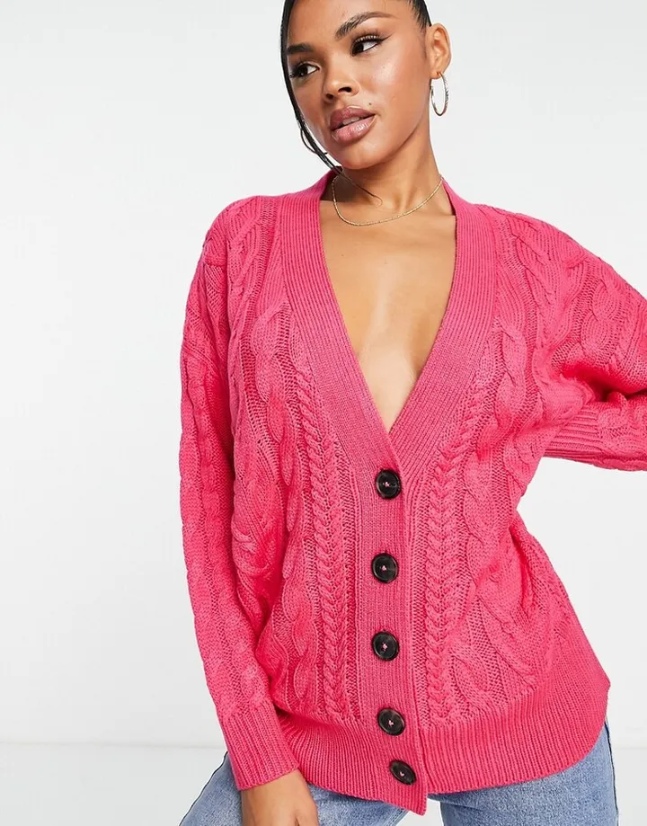 Brave Soul jenner longline cable knit cardigan in cerise pink
