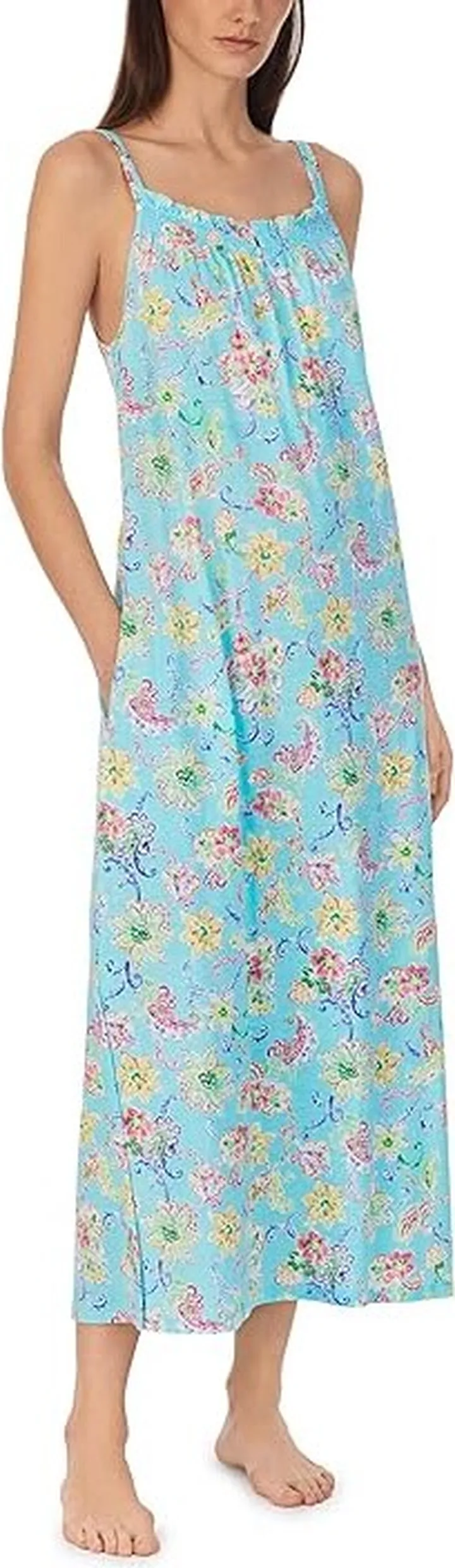 LAUREN Ralph Lauren Double Strap Maxi Gown (Aqua Floral) Women's Pajama