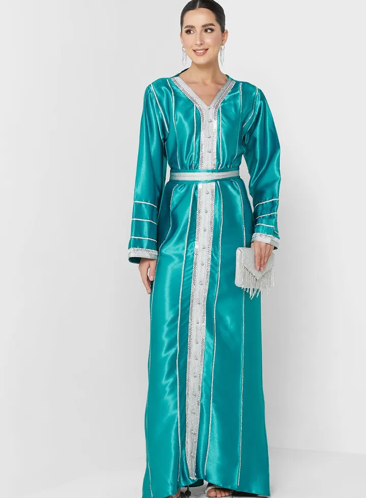 Embellished V-Neck Belted Dress