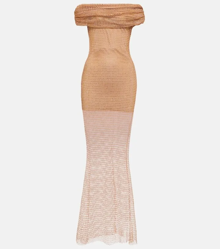 Crystal-embellished mesh maxi dress