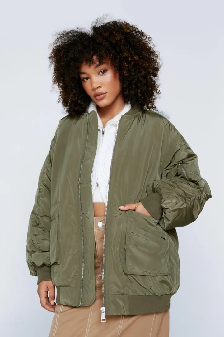 Nasty Gal Womens Oversized Multi Pocket Sleeve Detail Padded Bomber Jacket