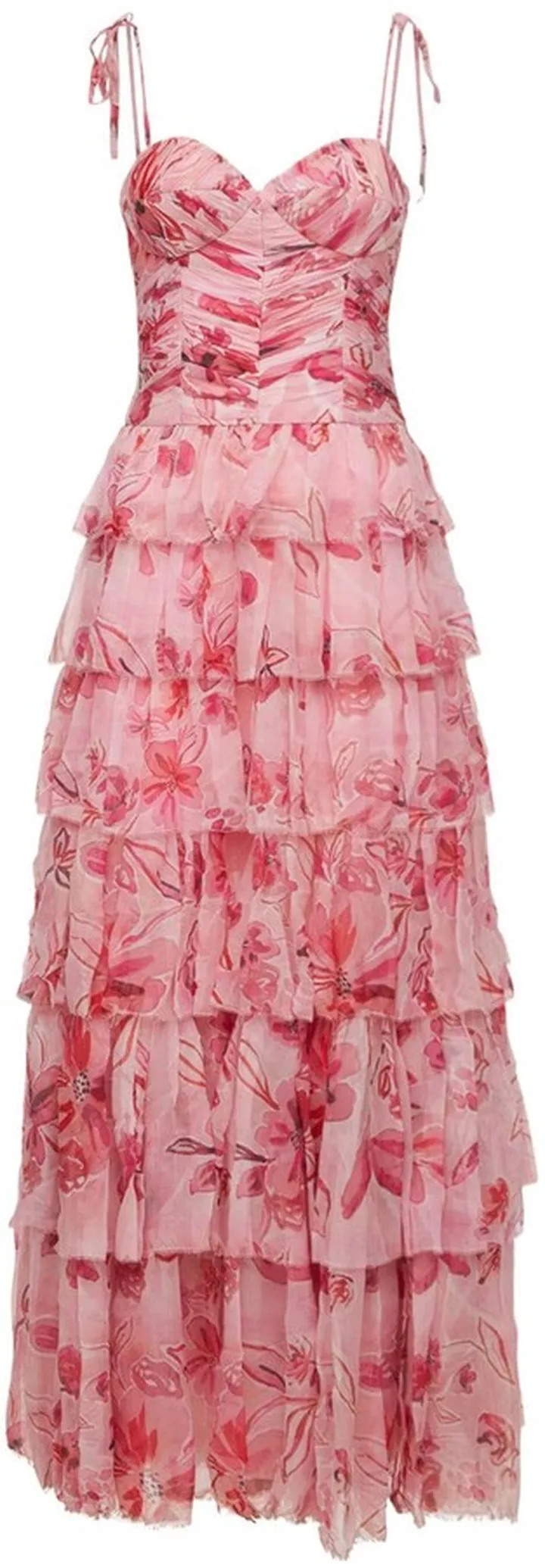 Flower tiered silk crepe gown