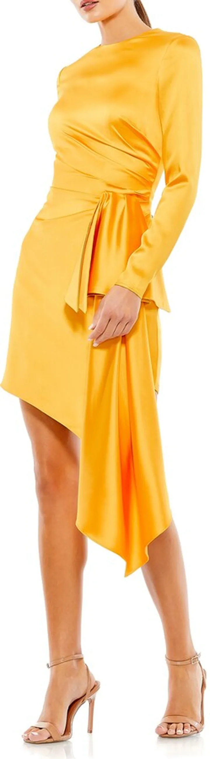 Asymmetric Long Sleeve Satin Cocktail Dress
