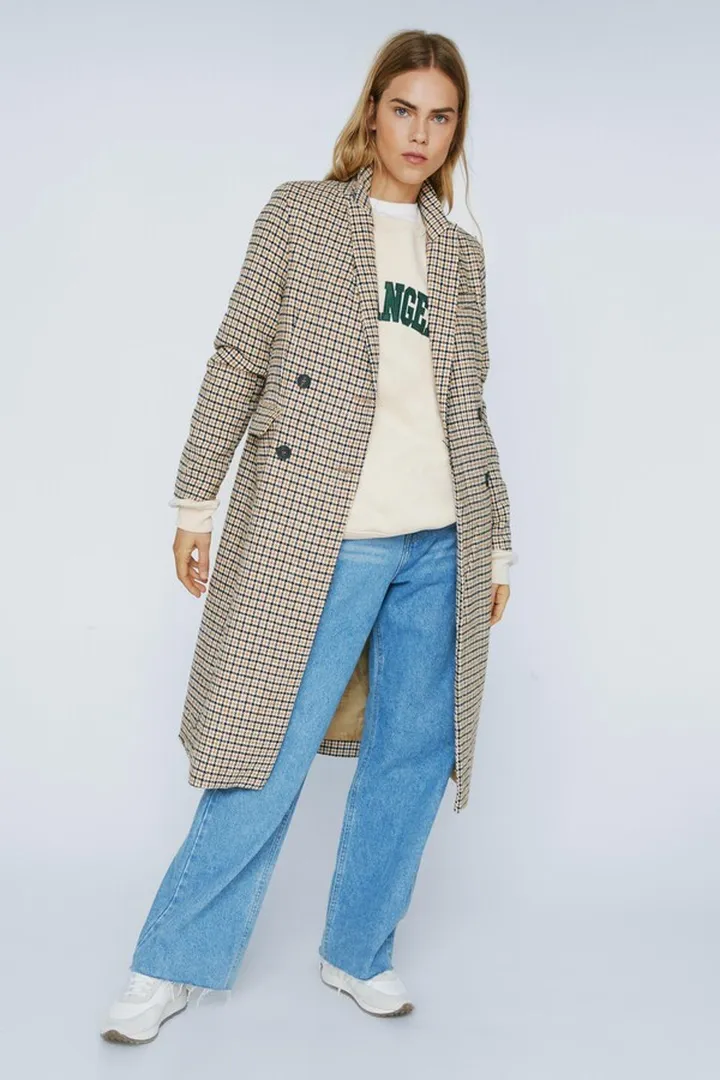 Nasty Gal Womens Check Print Wool Look Double Breasted Longline Coat