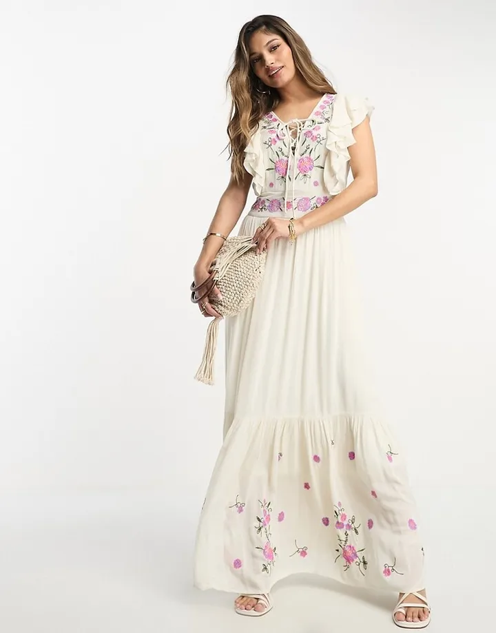 Y.A.S embroidered maxi dress in cream