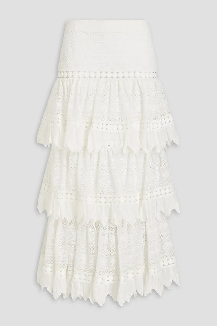 Tiered crocheted lace midi skirt