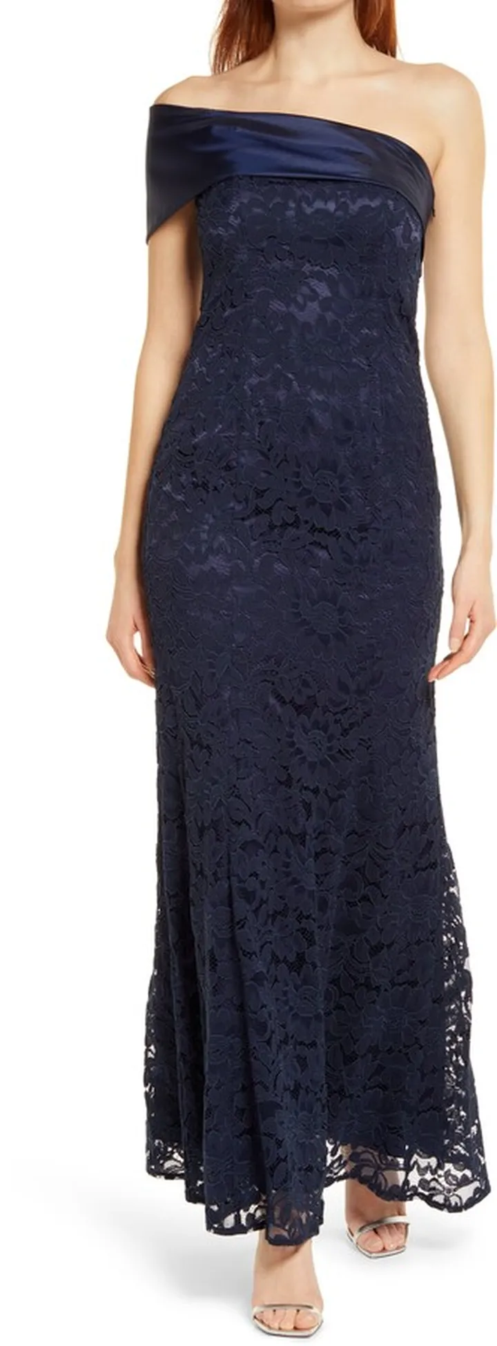 One Shoulder Satin Band Lace Overlay Mermaid Gown