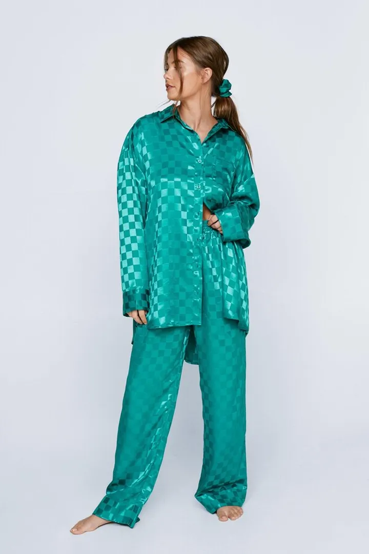 Nasty Gal Womens Satin Checkerboard 3pc Pajama Pants Set