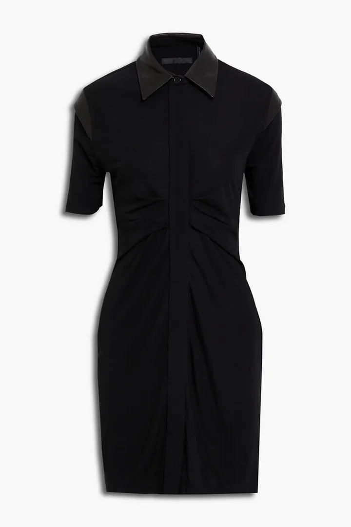 Pleated leather-trimmed cady mini dress
