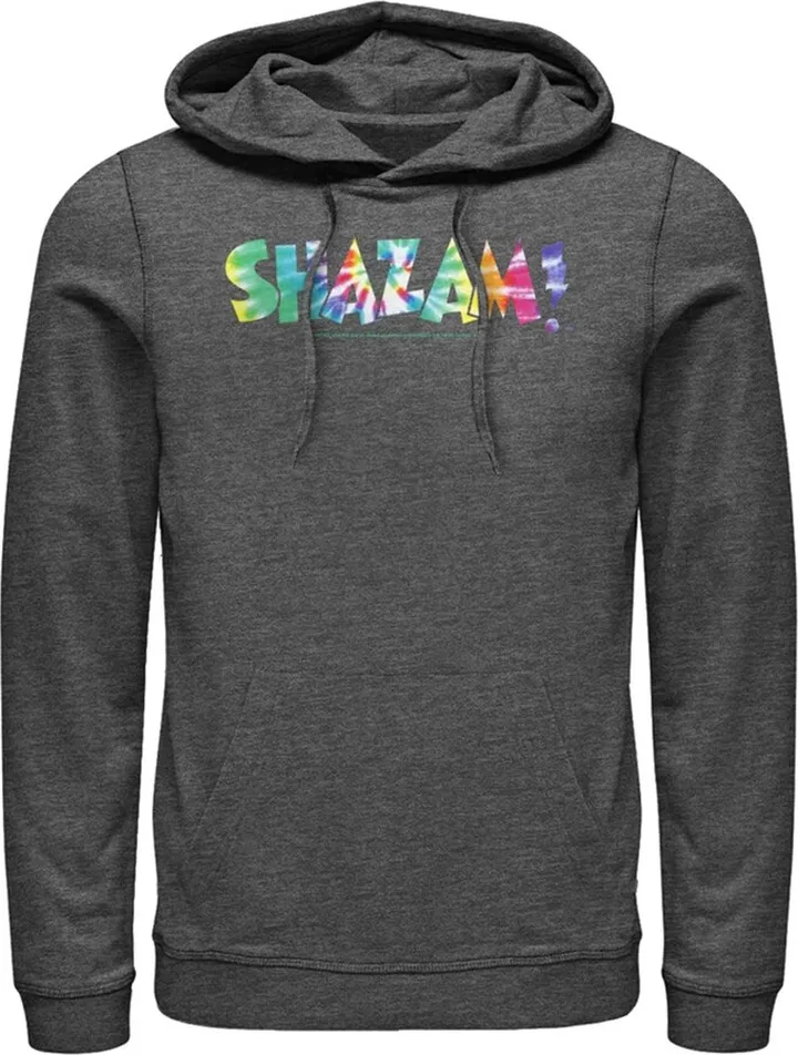 Men's Justice League Shazam Tie Dye Logo Pull Over Hoodie - Charcoal Heather - 3X Large