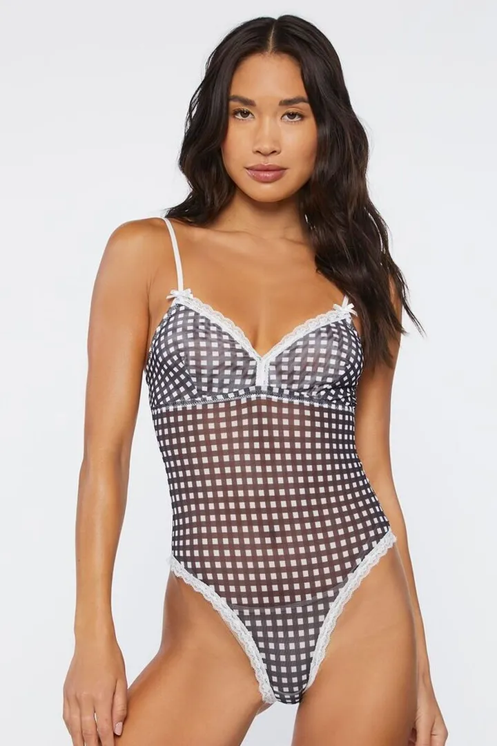 Gingham Mesh Lingerie Bodysuit