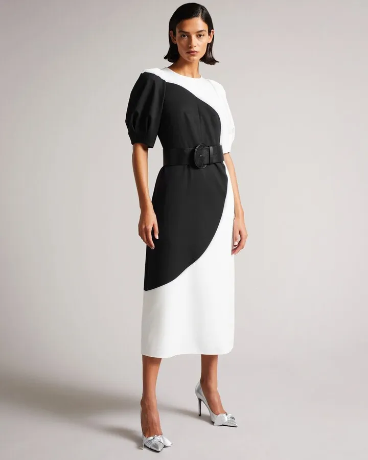Belted Large Spot Print Midi Dress in White