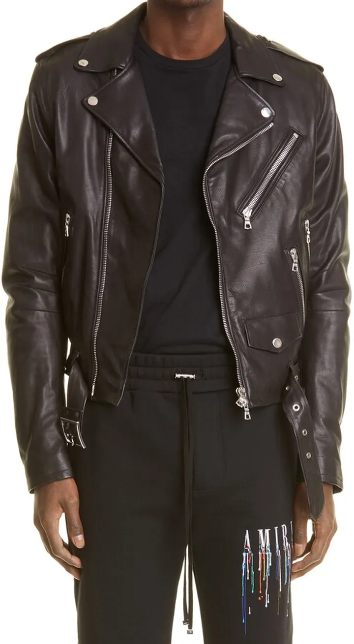 Embroidered Paint Drip Core Logo Leather Biker Jacket