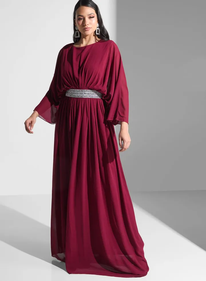 Flared Sleeve Belted Dress
