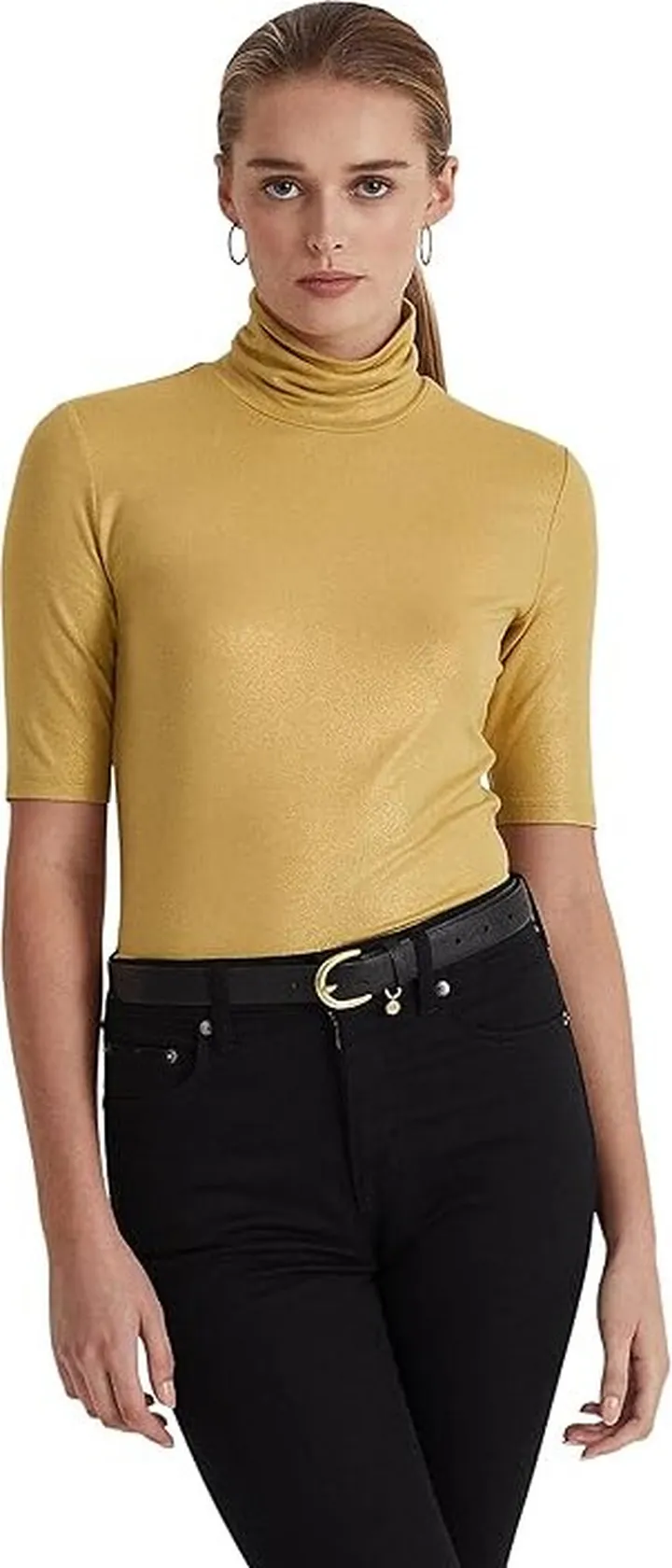 LAUREN Ralph Lauren Metallic Stretch Jersey Turtleneck (Gold) Women's Clothing