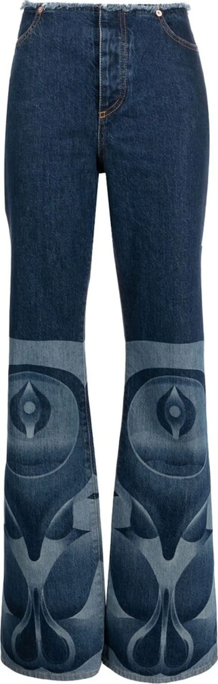 Blue Raw-Edge Printed Bootcut Jeans