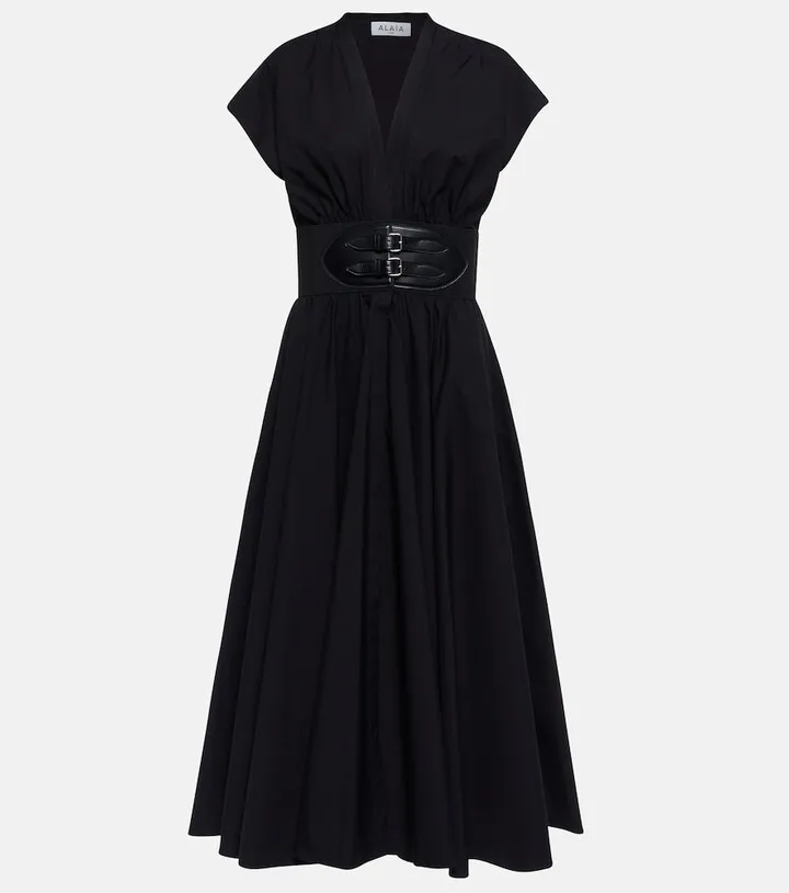 Belted cotton poplin midi dress