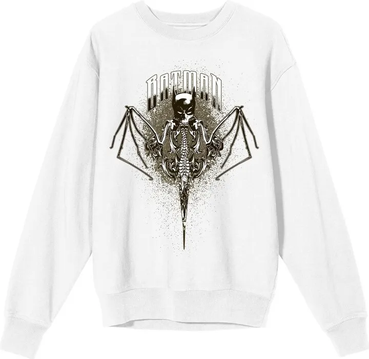 Batman Bat Mask With Bat Wings Men’s White Crew Neck Long Sleeve Graphic Sweatshirt-Medium